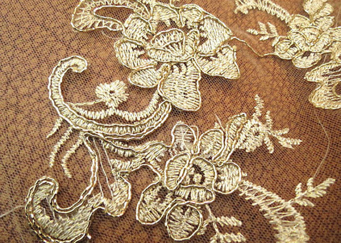 Gold Retro Scalloped Corded Lace Fabric , Polyester Embroidered Floral Tulle Fabric