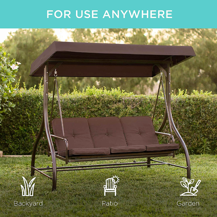 Outdoor Garden 3 Seats Swing Chair with Canopy and Adjustable Folding Steel Lounger Bed