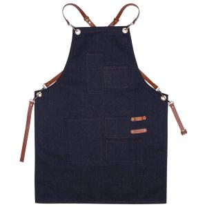 China Cross Back Bib Denim Kitchen Apron , Mens Denim Apron With Leather Straps factory