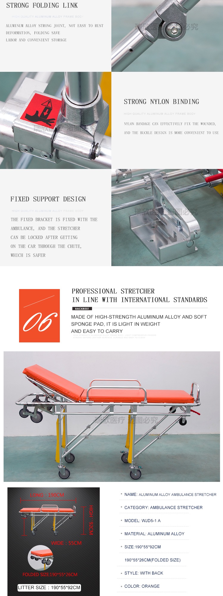 Mobile Ambulance Collapsible Stretcher Ems Gurney OEM Ambulance Trolley