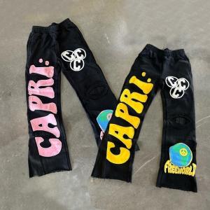 China Patch Embroidery French Terry Acid Wash Raw Hem Distressed Flared Sweatpants Regular Fit 100% Cotton factory