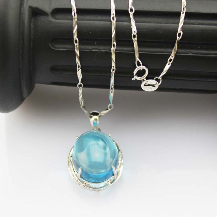 Women Fashion Oval Dome Blue Topaz Cubic Zircon Pendant 925 Silver Chain Necklace (PSJ0187)