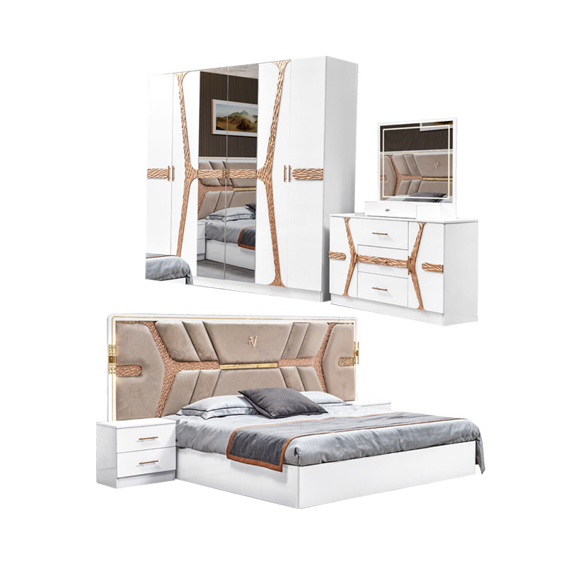 Turkish Luxury Style Wooden Frame King Size Bed Set Led Headboard Modern Classic Full Home Wood Bedroom Sets Furniture