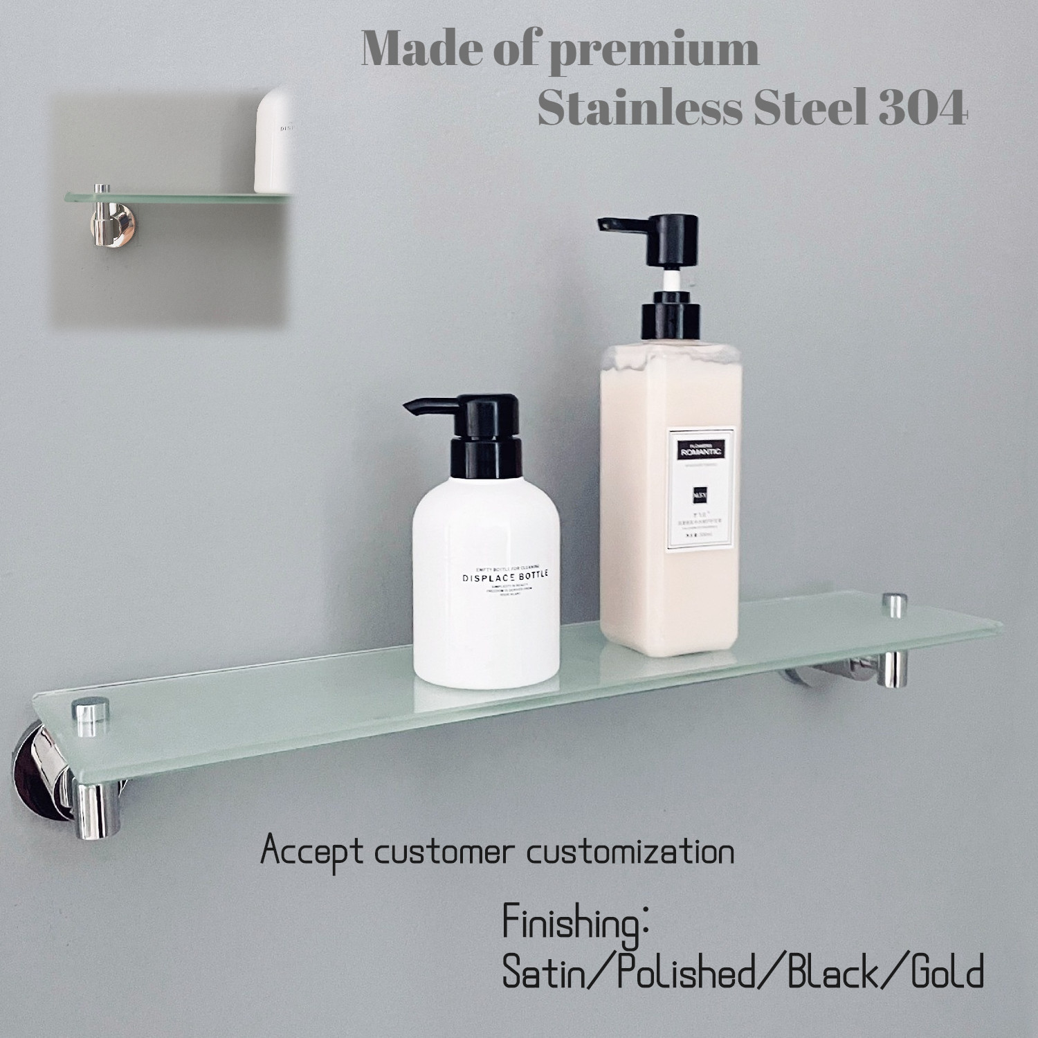Rectangular Floating Glass Shelves Rustproof Wall Mounted Stainless Steel Shampoo Rack