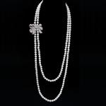 Women White Shell Pearl Double Strands Sweater Necklace with Cubic Zirconia Bow