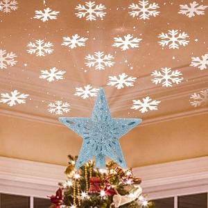 China Christmas Tree Topper Lighted Star Tree Toppers with LED Rotating Snowflake Projector Lights 3D Hollow Silver Star Snow Tree Top on sale