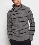 Warm Striped Knit Pullover Sweater With Drawstring Full Lambswool Material