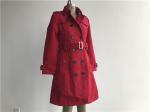 Red Ladies Wool Coat , Melton Trench Coat With Self Fabric Belt / Contrast