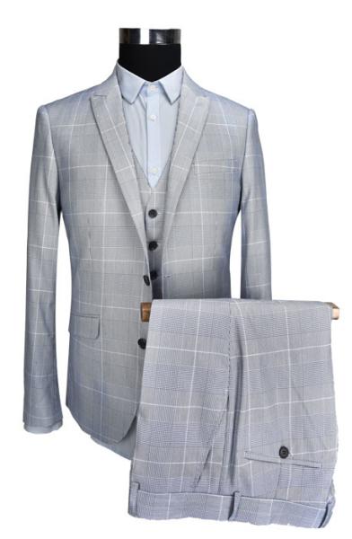 Slim Fit Mens 3 Pieces Suit Business Formal Light Grey Check Color SGS