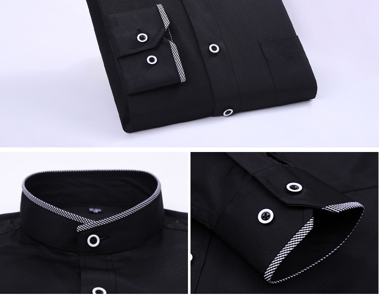 Covered Button Closure Men's Black and White Business Casual Shirt with Stand Collar