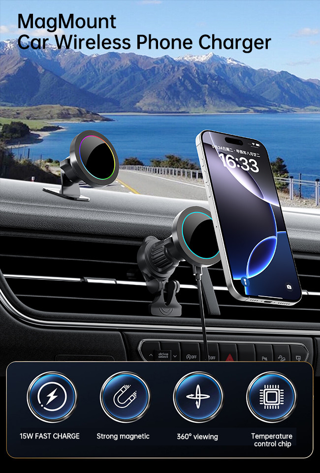 Wireless Car Phone Holder With Fast Charging And RGB Light Effect For Iphone Charger Stand With Aluminium Alloy Texture