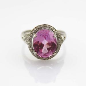 China 925 Silver Ring 9mmx11mm Pink Cubic Zircon and Rhinestone Ring (R134) factory