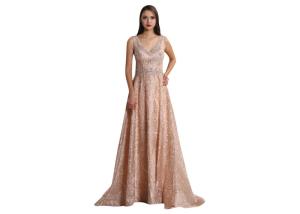 China Sequined Ball Gown Ladies Sleeveless Evening Dress Backless V Neck Design factory