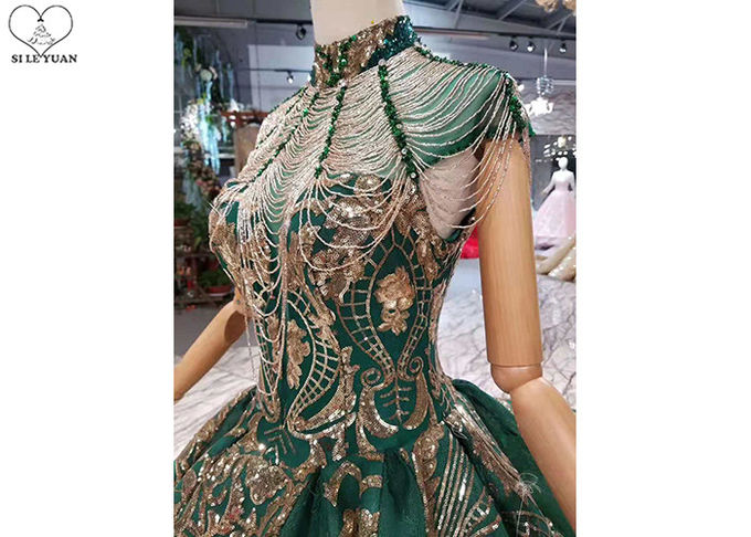 Sequin Green Tailor Made Prom Dresses High Collar Short Sleeve Backless Tassels