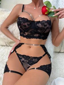 China Lace Mesh Ladies Sexy Lingerie Sets Perspective Seduction Three Piece Underwear factory