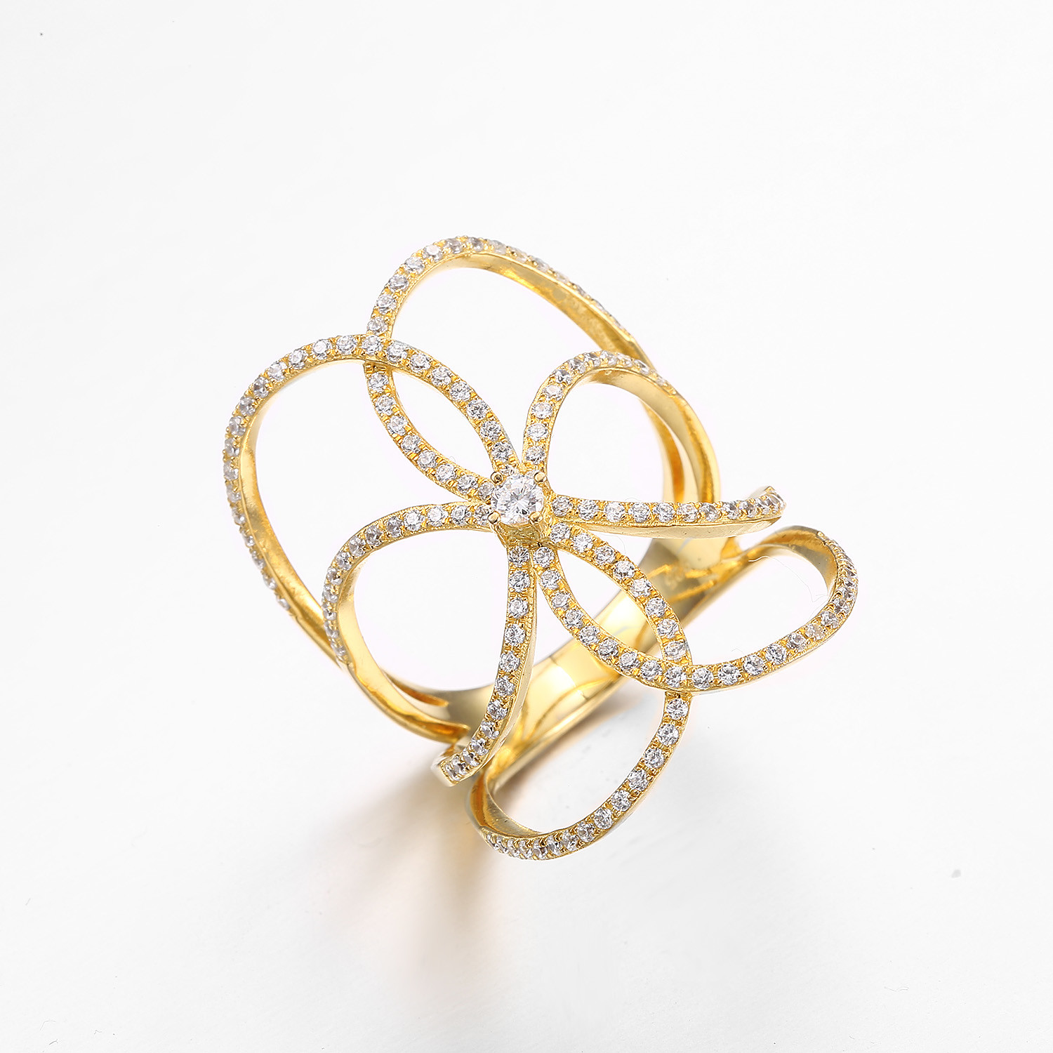 "Triple Bow" 18K Yellow Plating CZ Cool Rings Bow shaped Marriage Ring
