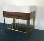 Single Sink walnut wood veneer with brass metal base and black metal slats shelf