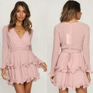 China Fashion women Long Sleeve V neck Pink Vintage Dress factory