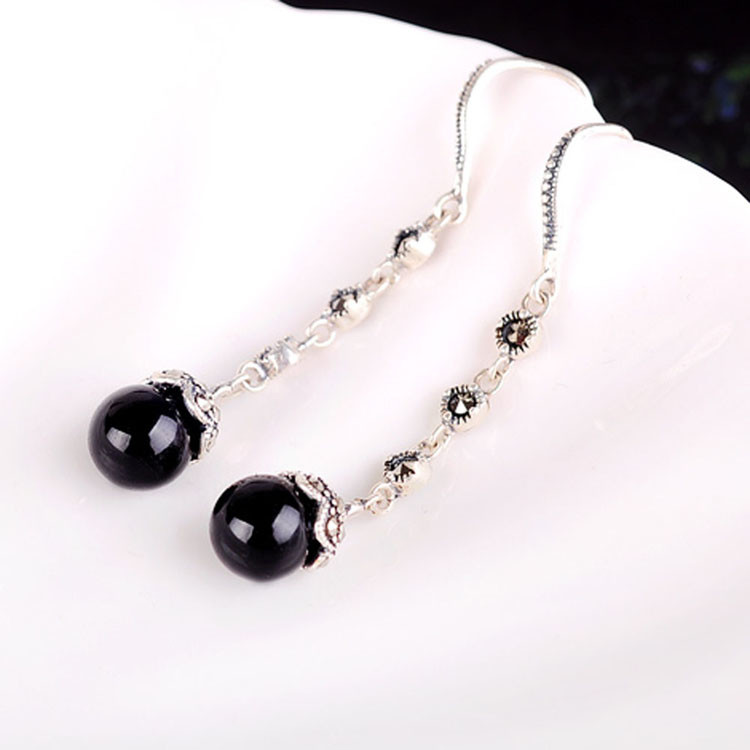Antique Thai Silver Jewelry Sterling Silver Black Onyx Marcasite Drop Dangle Earring (E12031BLACK)