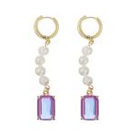 Stainless Steel Pearl Pendant Crystal Stone Hoop Earrings Rectangular Gold