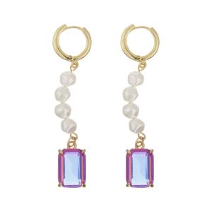 China Stainless Steel Pearl Pendant Crystal Stone Hoop Earrings Rectangular Gold Plated factory