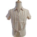 Tie Front Short Sleeve Female Brown Striped Blouse