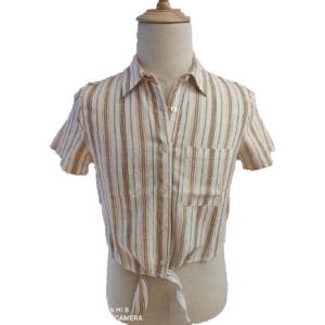 China Tie Front Short Sleeve Female Brown Striped Blouse factory