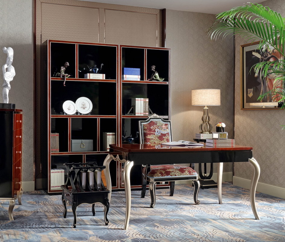 Luxury Home office Furniture set Ebony wood Bookcase cabients and Reading desk in glossy painting with Writing chairs