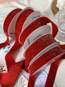 China Shinny Glitter Velvet Ribbon 6mm-38mm Deep Red Velvet Ribbon Soft factory