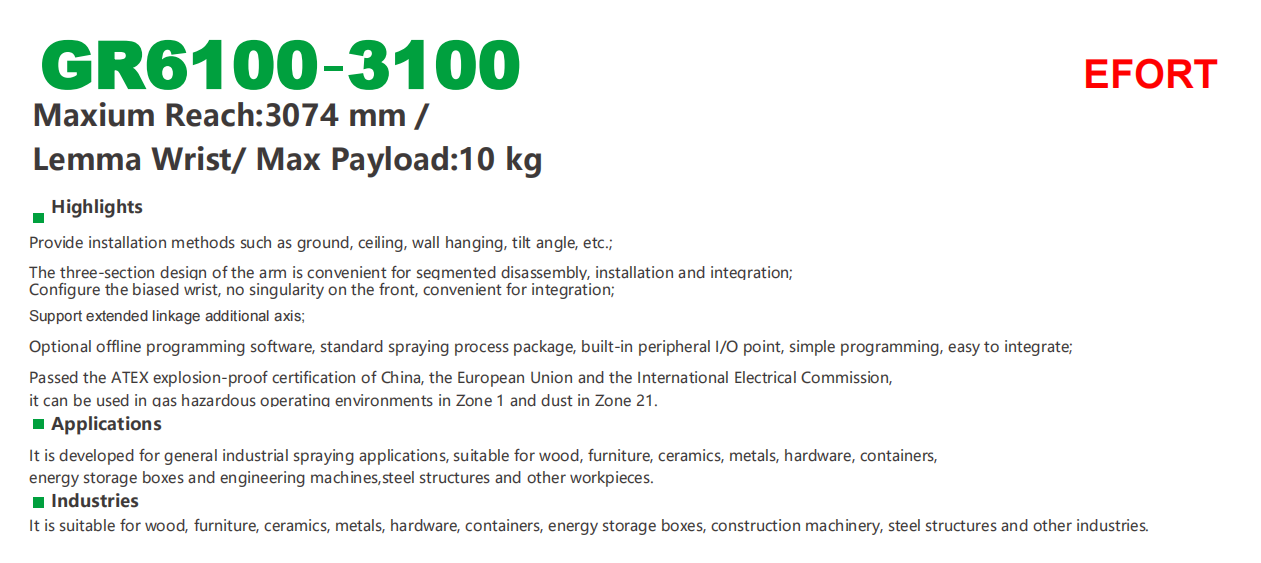 Painting robot for furniture, metal, hardware, GR6100-3100 payload 10kg reach 3074mm