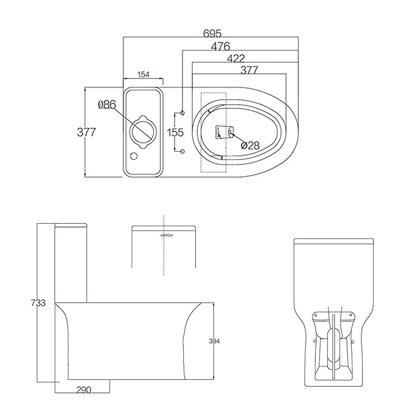1.1 GPF One Piece Toilets Elongated 12 Inch Rough S trap 300mm