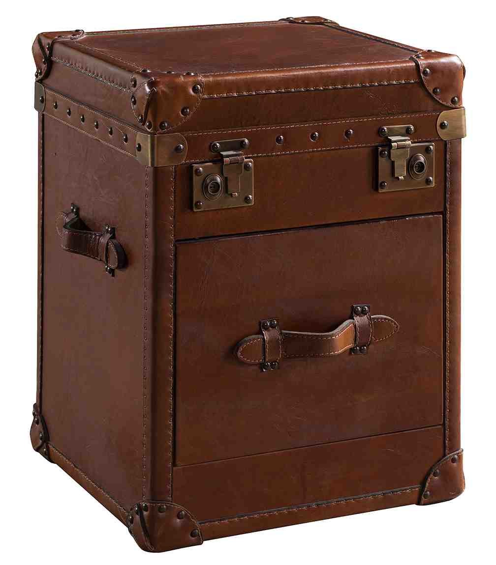 Brown White Leather Retro Trunk Vintage With Lock Wood Nightstand With Fur