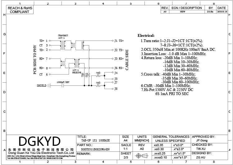 DGKYD311B082GWA4DN Tab UP 8PIN 100 Base-T 1 Port 10p8c Rj45 Metal Shielded Connector With Magnetics