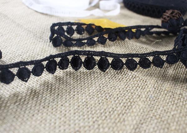 Water Soluble Flat Ball Black Lace Trim By The Yard , Chemical Polyester Lace