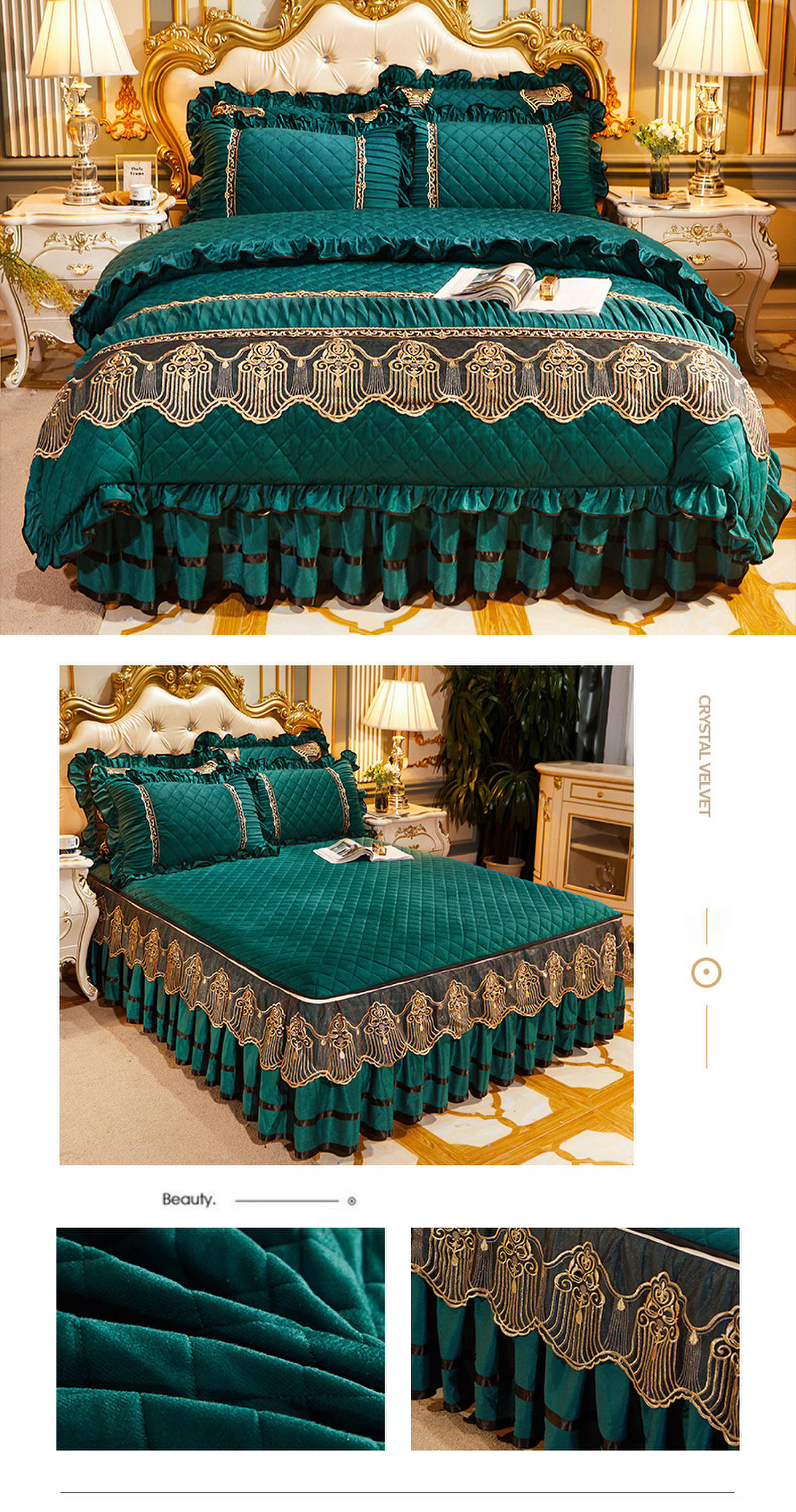 Wedding Four-piece Kit Bedding Set with Easy Care Fade-Free Embroidery Lace Bed Skirt