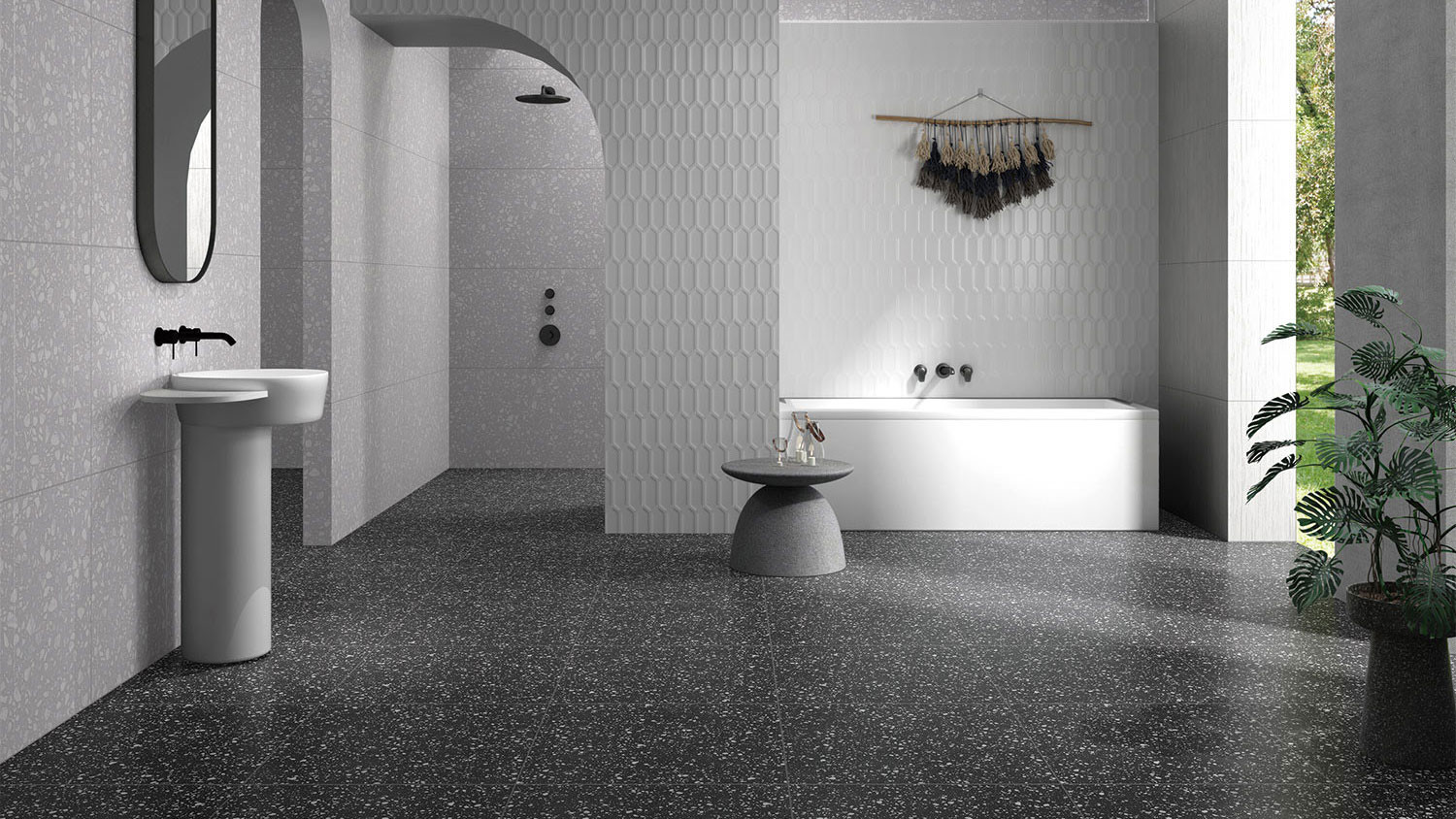 Antibacterial 600x1200mm Dark Gray Terrazzo Indoor Floor Baby Face Vintage Porcelain Tiles For Dining Room
