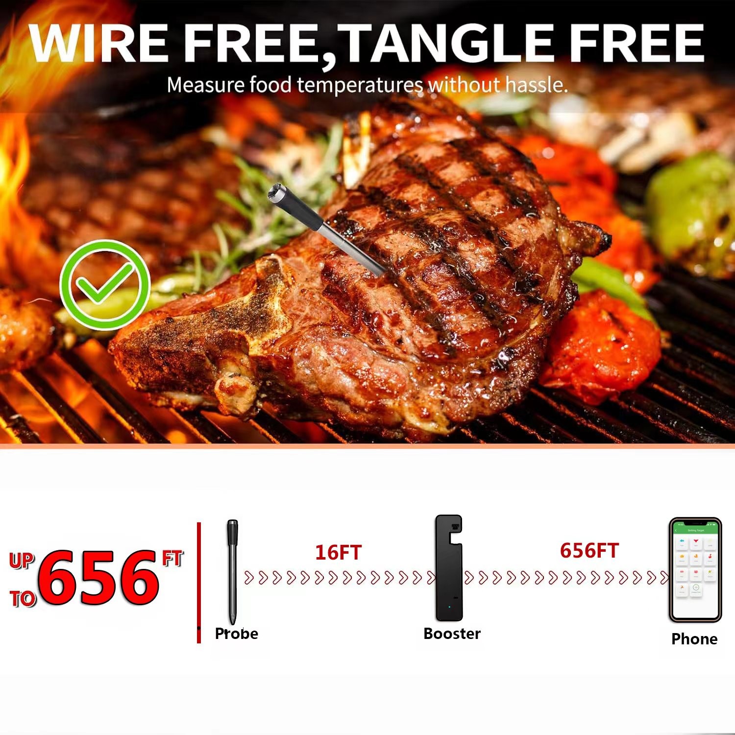 Long distance 150m Remote Smart Bbq Thermometer Instant Read Digital Bluetooth 5.0 Wireless Meat Thermometer 10 Modes Meat Thermometer