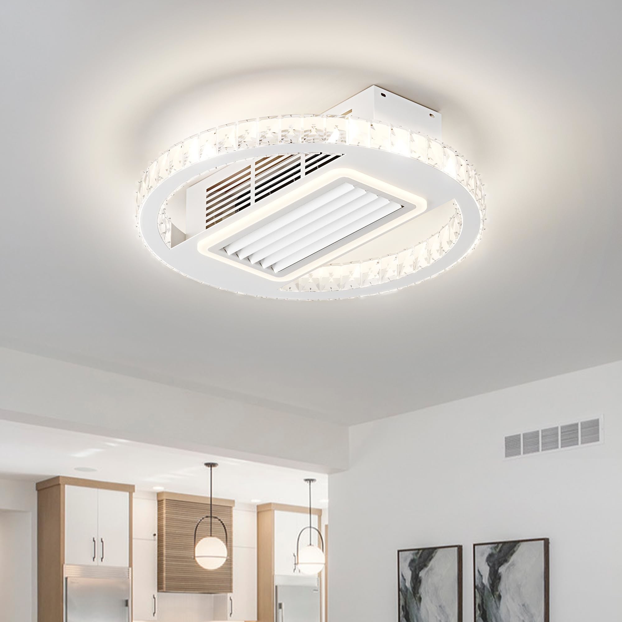 Bladeless 6 Speeds Dimmable Flush Mount Ceiling Fan With Light And Remote