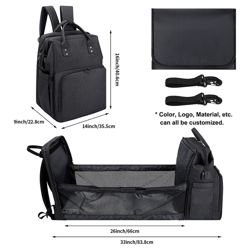 Baby Diaper Tote Bags Backpack Black Insulated Bottle Storage 14X9X16"