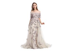 China Soft Tulle Neck Embroidery Flower Wedding Bridesmaid Dresses Half Sleeve factory