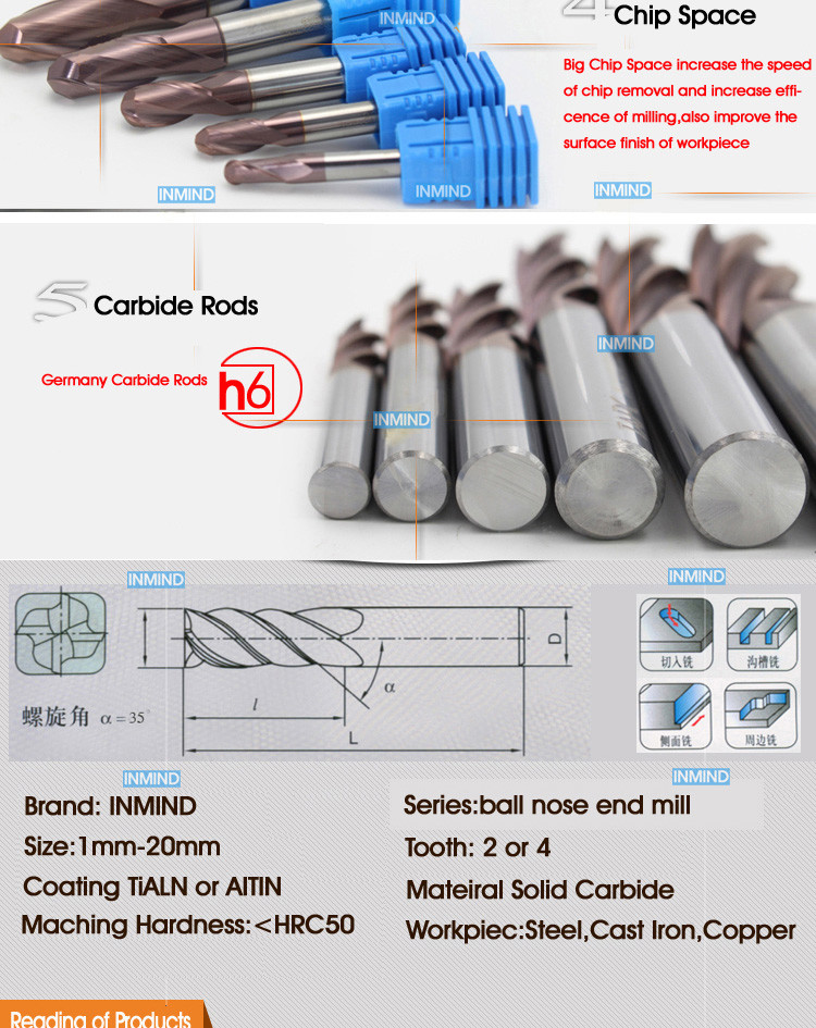 AlTiN Coating , HRC50 2 Flute Ball Nose End Mill Grain Size 0.6-0.8UM High Precision , Long tool life