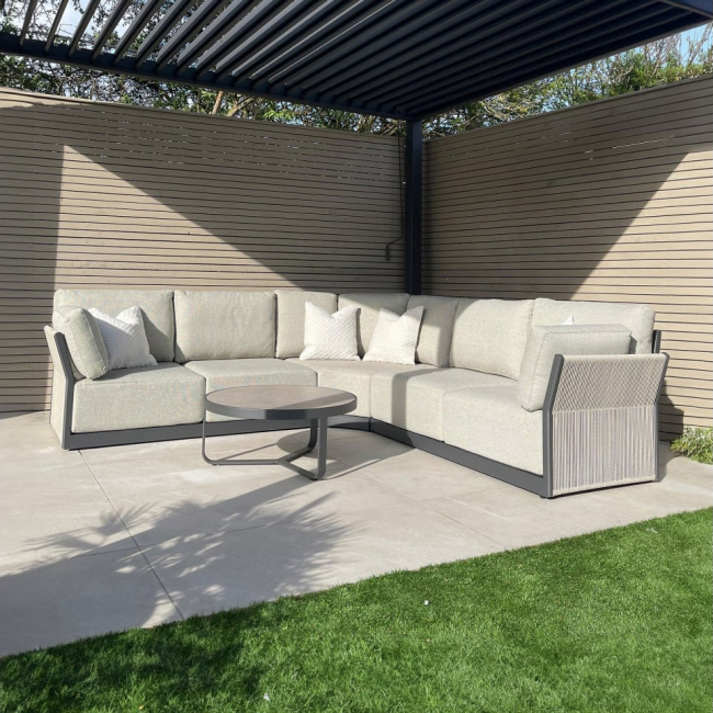 Round Coffee Table and Sofa Set AJUNION Luxury Modern All Weather Fabric for Courtyard