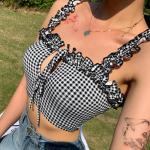 Sleeveless Ruffles Women Crop Top Vintage Plaid Style