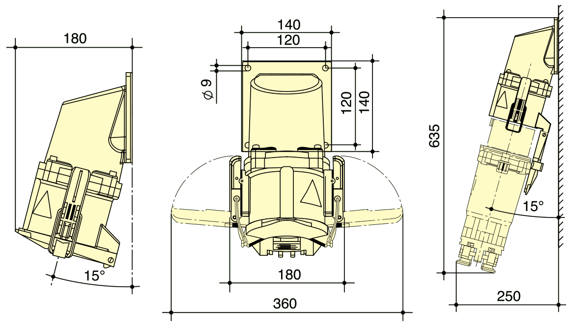 PowerSyntax High Current Socket Part 4P 200A IP67 400V Heavy Duty Wall Mounted Angled