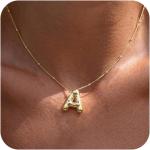 Personalized Gold Bubble Letter Necklace for Women, 14k Gold Plated Initial