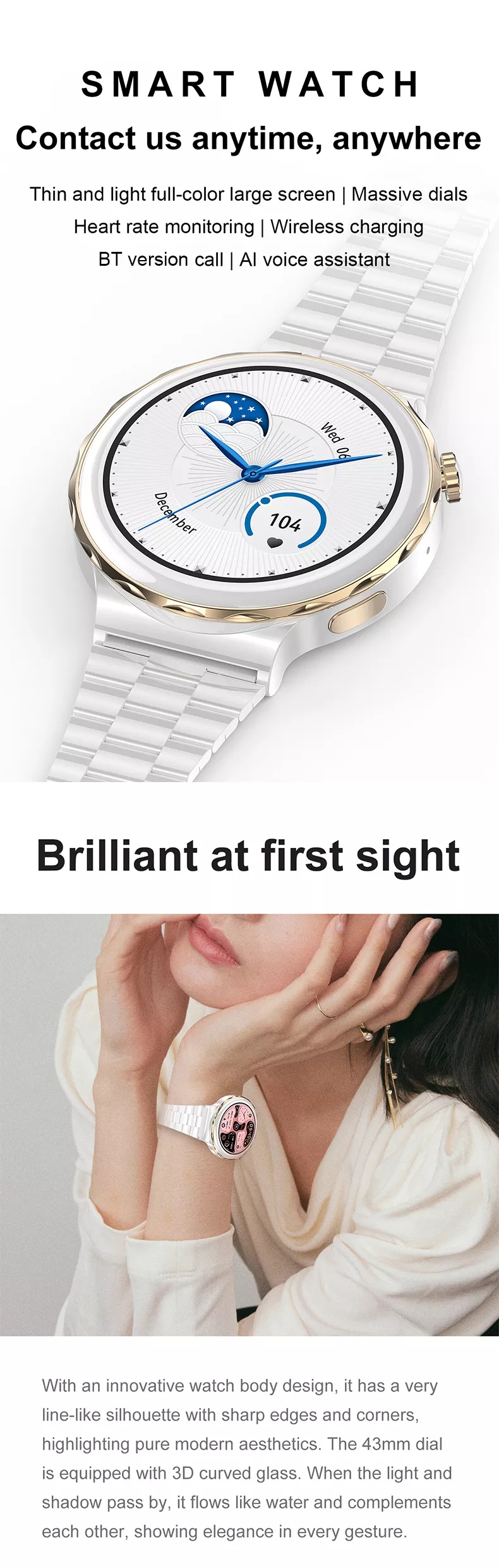 Wireless Charging Luxury Ladies Smart Watches HK43 BT Call With 1.32inch Screen 360*360 For Women
