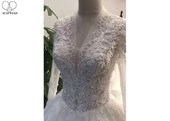 Custom White Ladies Bridal Gown With Sleeves Deep V Neck Buttons Back Style