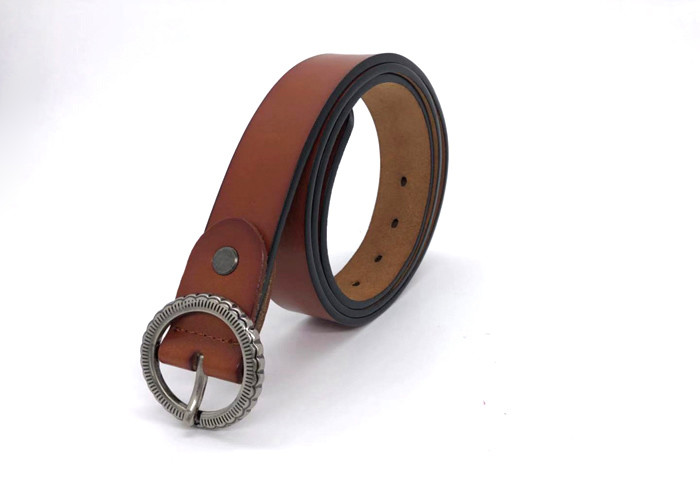 Women Casual Dress Genuine Leather Belt Tan Color With Vintage Round Buckle