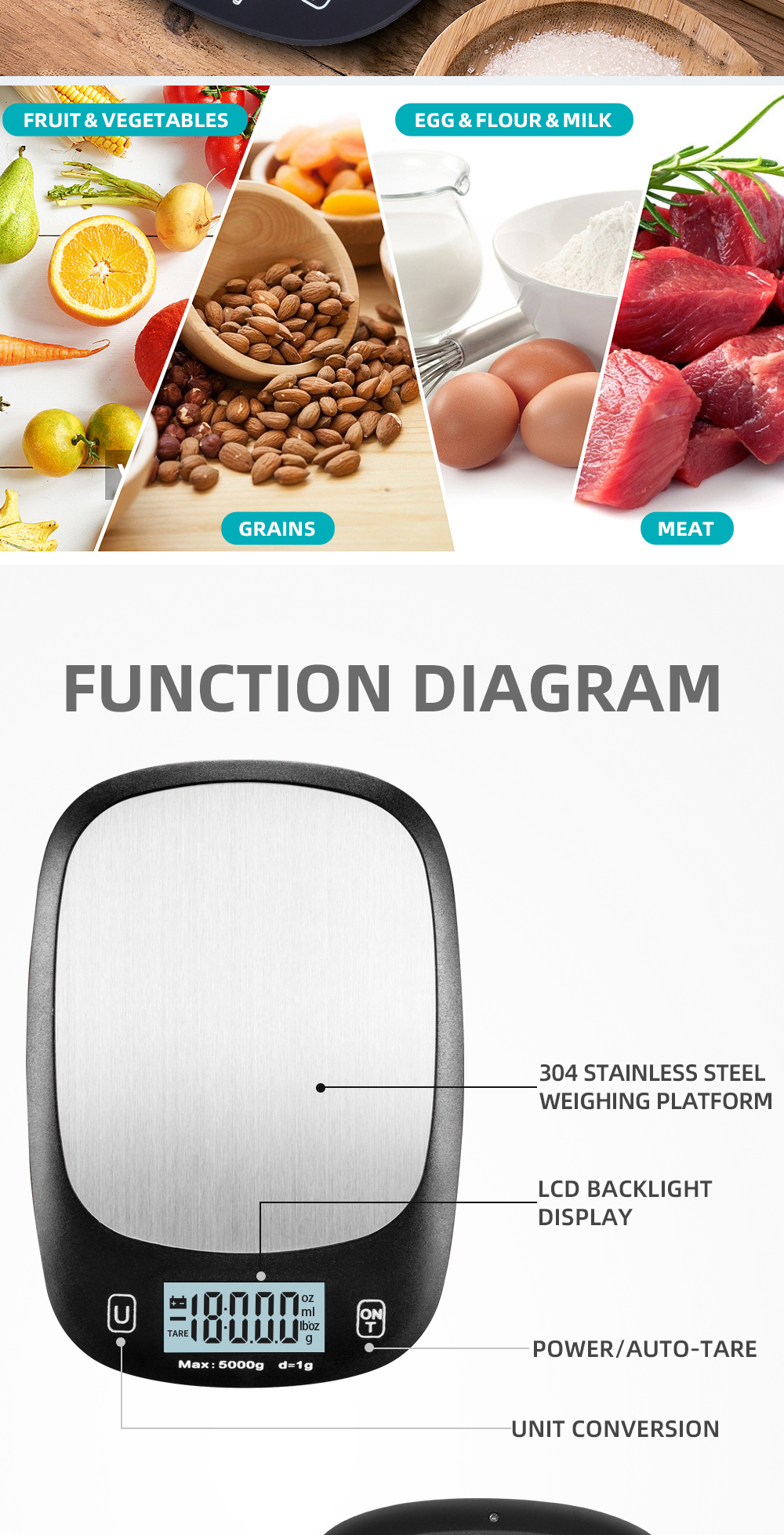 5KG Maximum Weight Recommendation Nutritional Scale Accurate Kitchen Scales Waterproof Digital Kitchen Weighing Scale