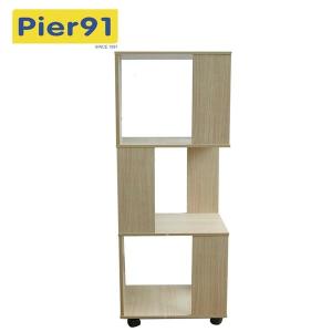 China Economic Home Wooden Book Rack Three Panels Hollow Design With 4 Wheels factory